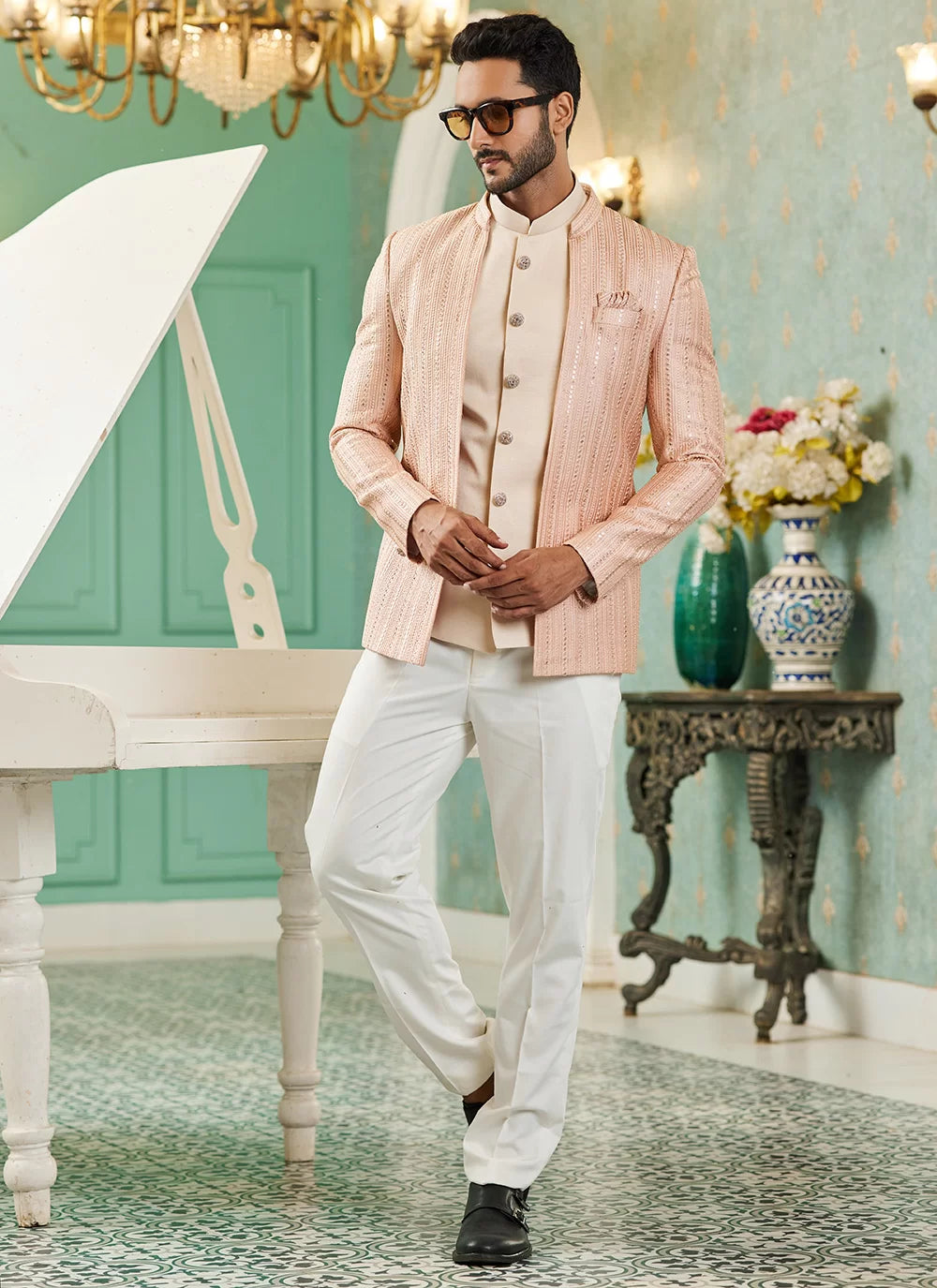 Raivat Ethnic Art Silk Embroidery and Thread Work Jodhpuri in Peach Colour
