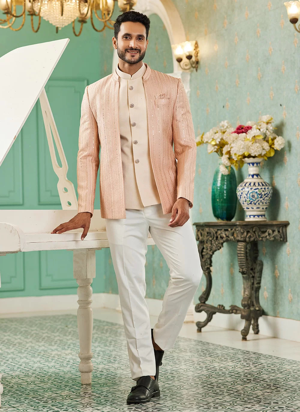 Raivat Ethnic Art Silk Embroidery and Thread Work Jodhpuri in Peach Colour