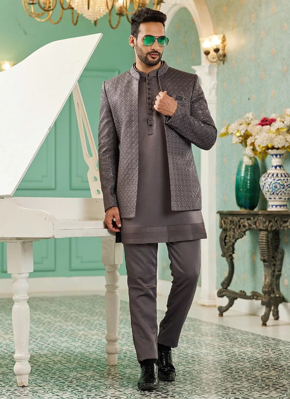 Raivat Ethnic Art Silk Embroidery and Thread Work Jodhpuri in Grey Colour