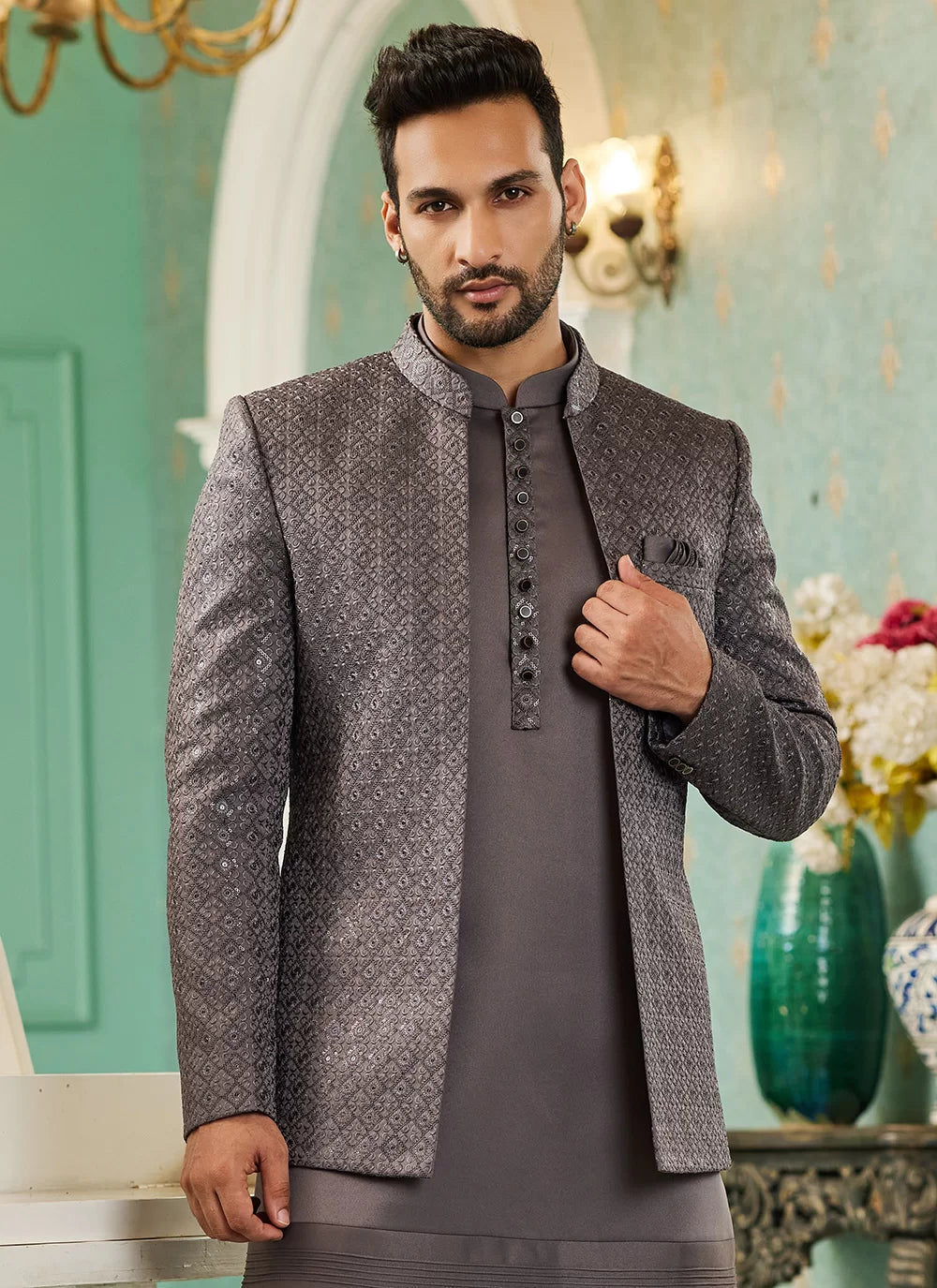 Raivat Ethnic Art Silk Embroidery and Thread Work Jodhpuri in Grey Colour