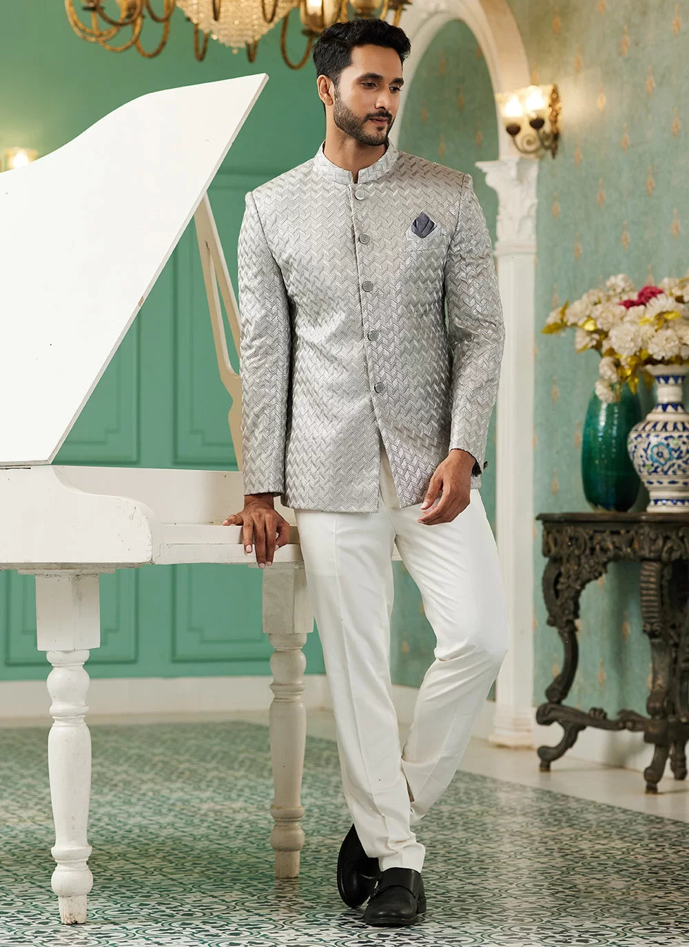 Raivat Ethnic Art Silk Embroidery and Thread Work Jodhpuri in Light Grey Colour