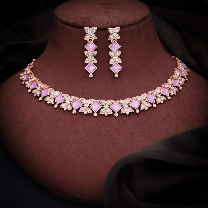 Tehzeeb Creations Rose Gold-Polished Lavender Choker Necklace With Dangle Earrings