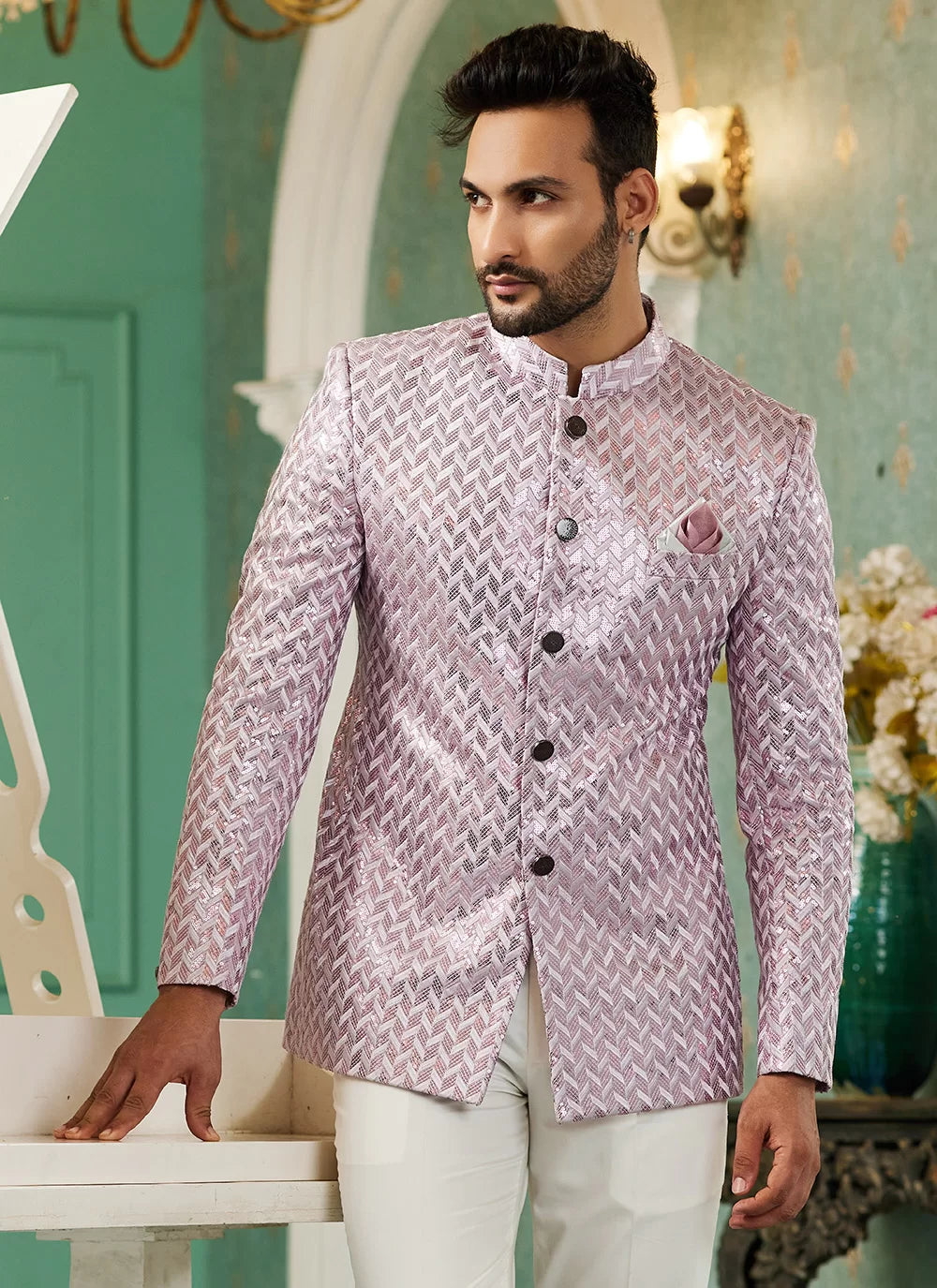 Raivat Ethnic Art Silk Embroidery and Thread Work Jodhpuri in Onion Pink Colour