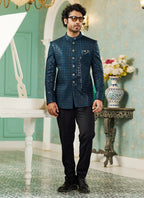 Raivat Ethnic Art Silk Embroidery and Thread Work Jodhpuri in Teal Green Colour
