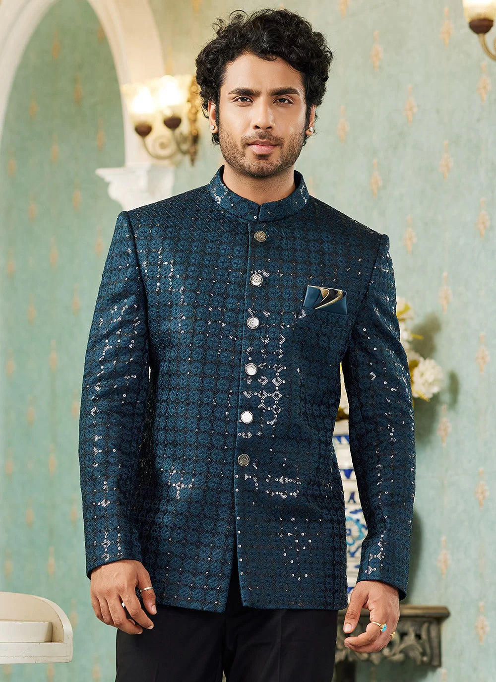 Raivat Ethnic Art Silk Embroidery and Thread Work Jodhpuri in Teal Green Colour