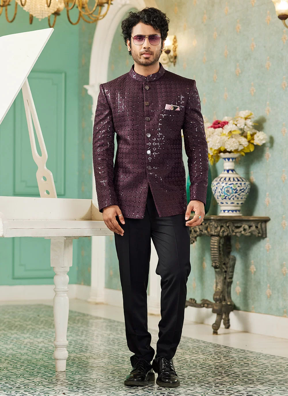 Raivat Ethnic Art Silk Embroidery and Thread Work Jodhpuri in Wine Colour