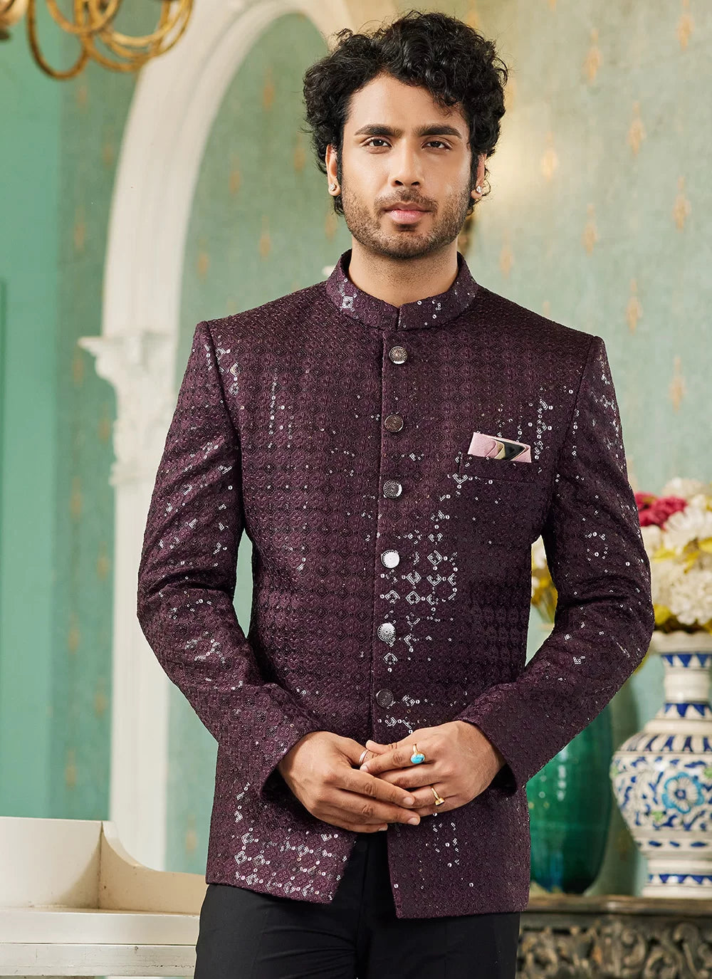 Raivat Ethnic Art Silk Embroidery and Thread Work Jodhpuri in Wine Colour