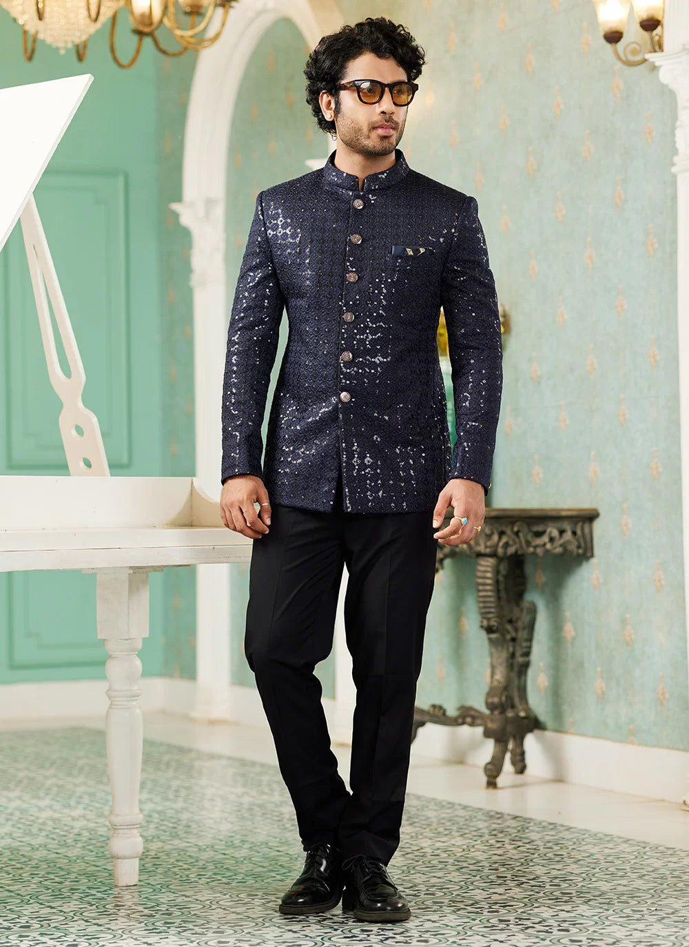 Raivat Ethnic Art Silk Embroidery and Thread Work Jodhpuri in Navy Blue Colour
