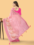 Sangria Pink & White Floral Embroidered Zari Organza Bagh Sarees - Distacart