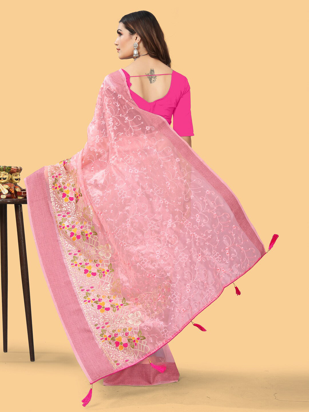 Sangria Pink & White Floral Embroidered Zari Organza Bagh Sarees - Distacart