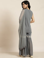 Juniper Womens Grey Georgette Embroidered Kurta With Santoon Lining, Solid Embroidered Garara & Shiffon Solid Dupatta Set - Distacart