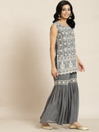 Juniper Womens Grey Georgette Embroidered Kurta With Santoon Lining, Solid Embroidered Garara & Shiffon Solid Dupatta Set - Distacart