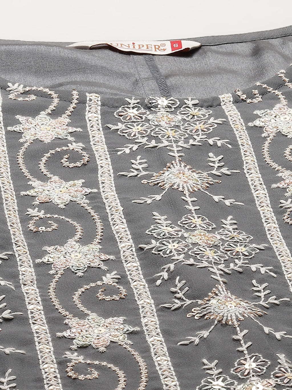 Juniper Womens Grey Georgette Embroidered Kurta With Santoon Lining, Solid Embroidered Garara & Shiffon Solid Dupatta Set - Distacart