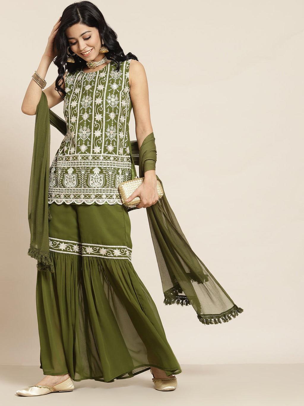 Juniper Womens Mehandigreen Georgette Embroidered Kurta With Santoon Lining,Solid Embroidered Garara And Shiffon Solid Dupatta Set - Distacart