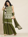 Juniper Womens Mehandigreen Georgette Embroidered Kurta With Santoon Lining,Solid Embroidered Garara And Shiffon Solid Dupatta Set - Distacart
