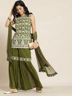 Juniper Womens Mehandigreen Georgette Embroidered Kurta With Santoon Lining,Solid Embroidered Garara And Shiffon Solid Dupatta Set - Distacart