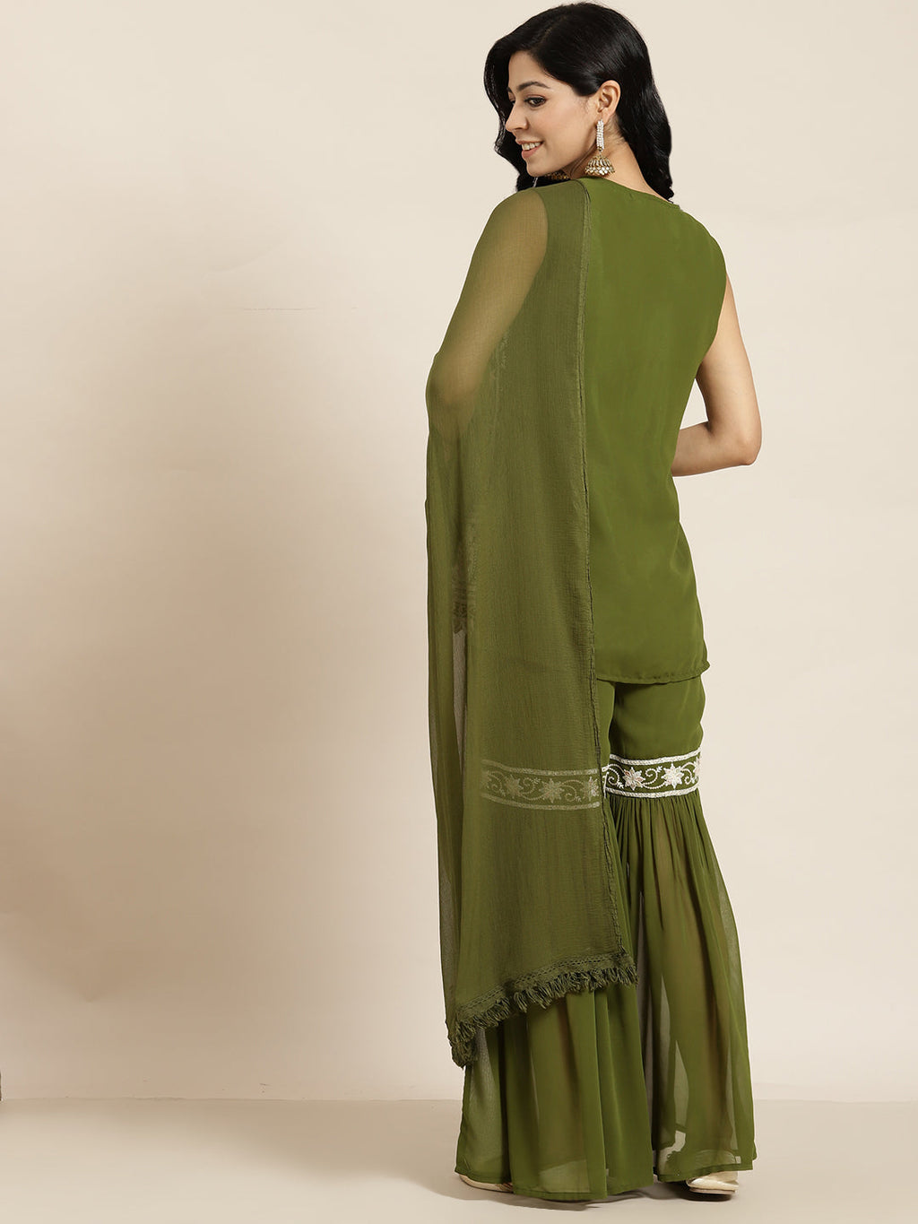 Juniper Womens Mehandigreen Georgette Embroidered Kurta With Santoon Lining,Solid Embroidered Garara And Shiffon Solid Dupatta Set - Distacart