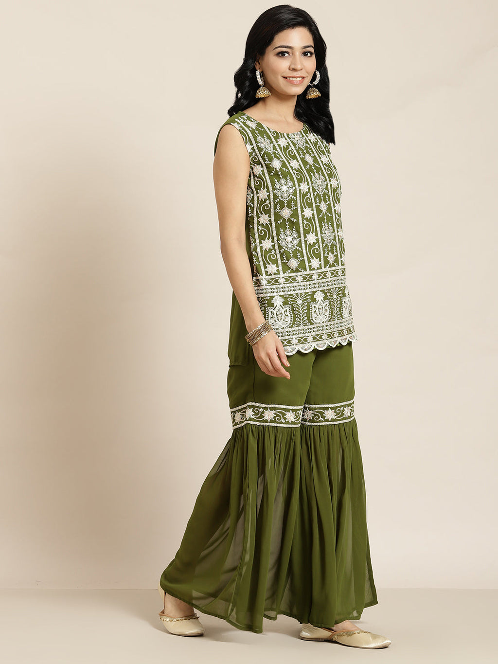 Juniper Womens Mehandigreen Georgette Embroidered Kurta With Santoon Lining,Solid Embroidered Garara And Shiffon Solid Dupatta Set - Distacart