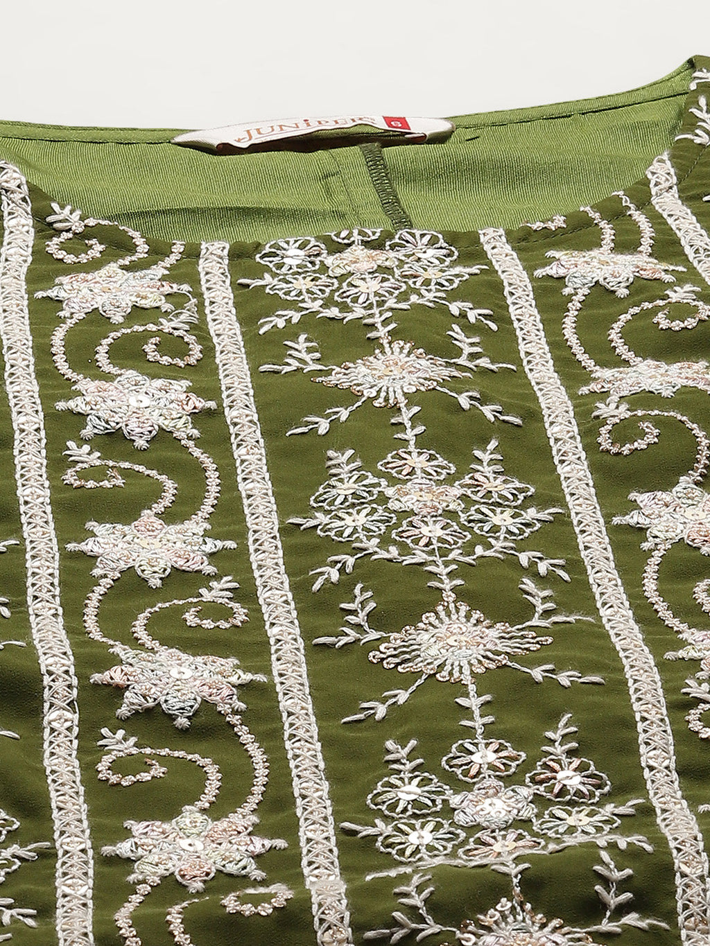 Juniper Womens Mehandigreen Georgette Embroidered Kurta With Santoon Lining,Solid Embroidered Garara And Shiffon Solid Dupatta Set - Distacart