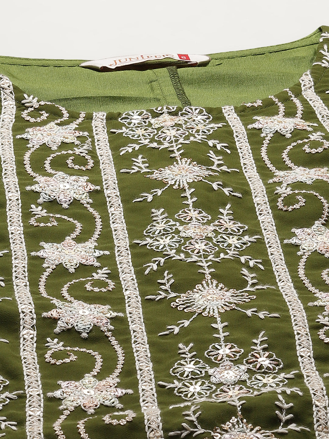 Juniper Womens Mehandigreen Georgette Embroidered Kurta With Santoon Lining,Solid Embroidered Garara And Shiffon Solid Dupatta Set - Distacart