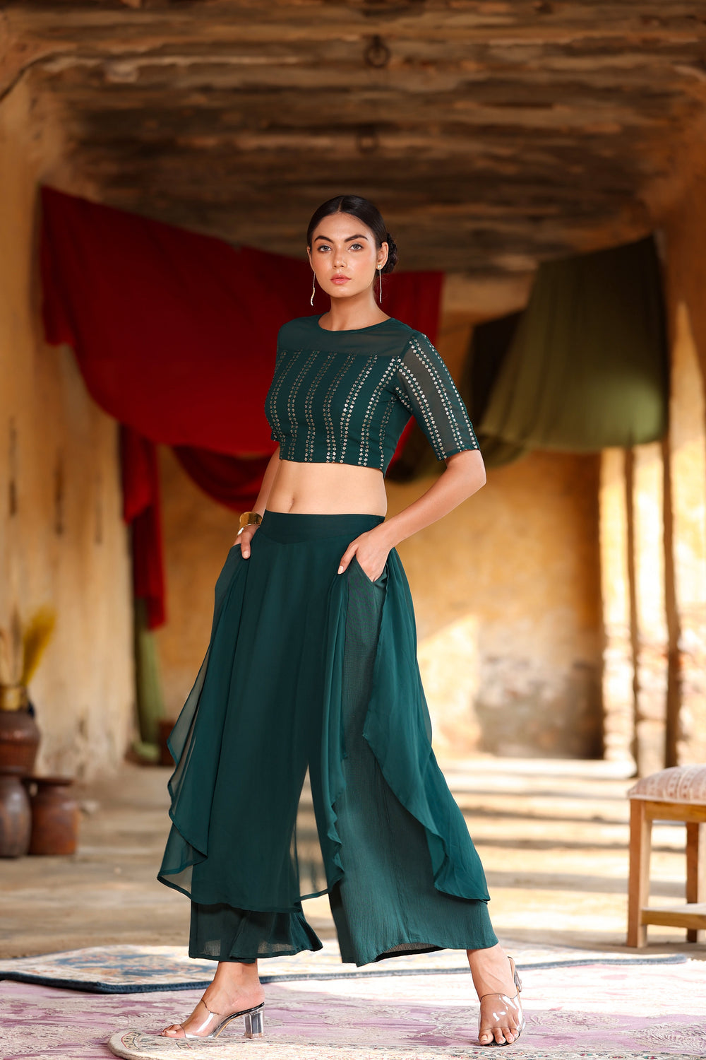 Juniper Women's Green Georgette Solid Fitted Clothing Set - Distacart