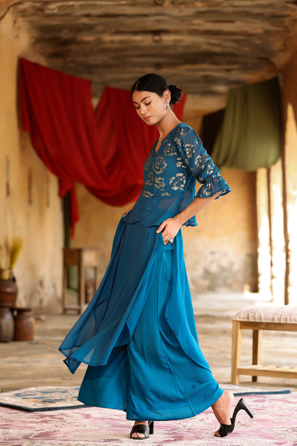 Juniper Women's Teal Georgette Solid Peplum Clothing Set - Distacart