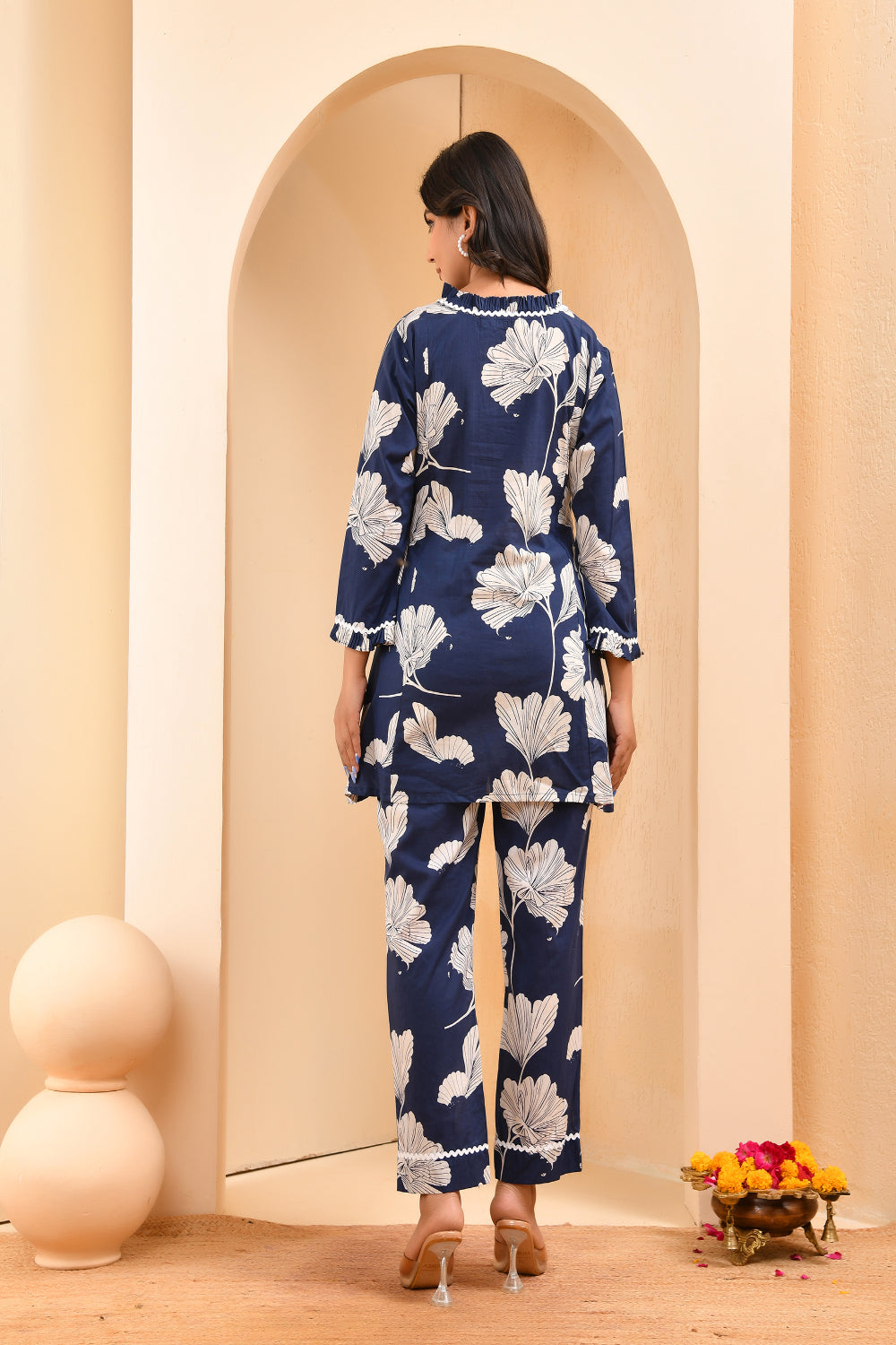 Vaasva Women Navy Pleated Cotton Printed Cord Set With Lace - Distacart