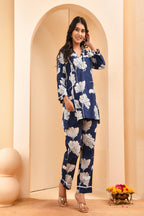 Vaasva Women Navy Pleated Cotton Printed Cord Set With Lace - Distacart