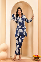 Vaasva Women Navy Pleated Cotton Printed Cord Set With Lace - Distacart