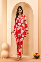 Vaasva Women Red Pleated Cotton Printed Cord Set With Lace - Distacart