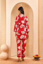 Vaasva Women Red Pleated Cotton Printed Cord Set With Lace - Distacart