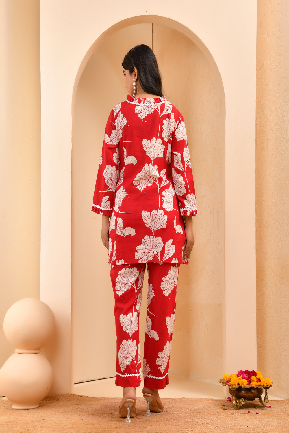 Vaasva Women Red Pleated Cotton Printed Cord Set With Lace - Distacart