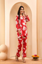 Vaasva Women Red Pleated Cotton Printed Cord Set With Lace - Distacart