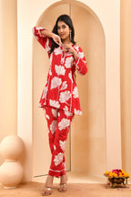Vaasva Women Red Pleated Cotton Printed Cord Set With Lace - Distacart