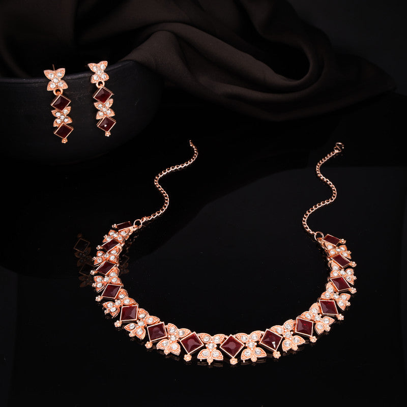 Tehzeeb Creations Rose Gold-Polished Maroon Choker Necklace With Dangle Earrings
