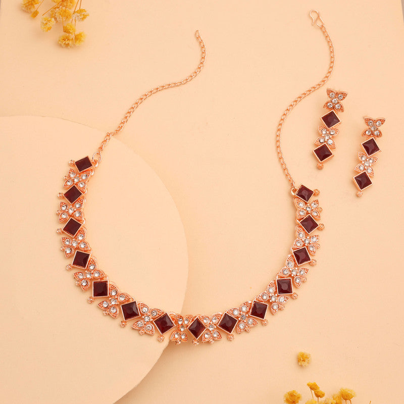 Tehzeeb Creations Rose Gold-Polished Maroon Choker Necklace With Dangle Earrings