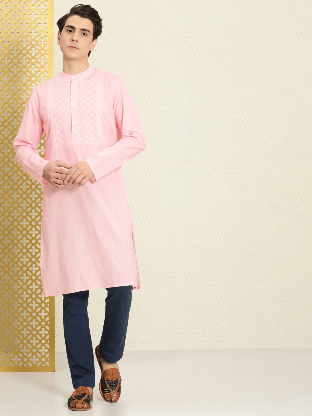 House of Pataudi Men Chikankari Yoke Design Pastels Pure Cotton Rozana Kurta