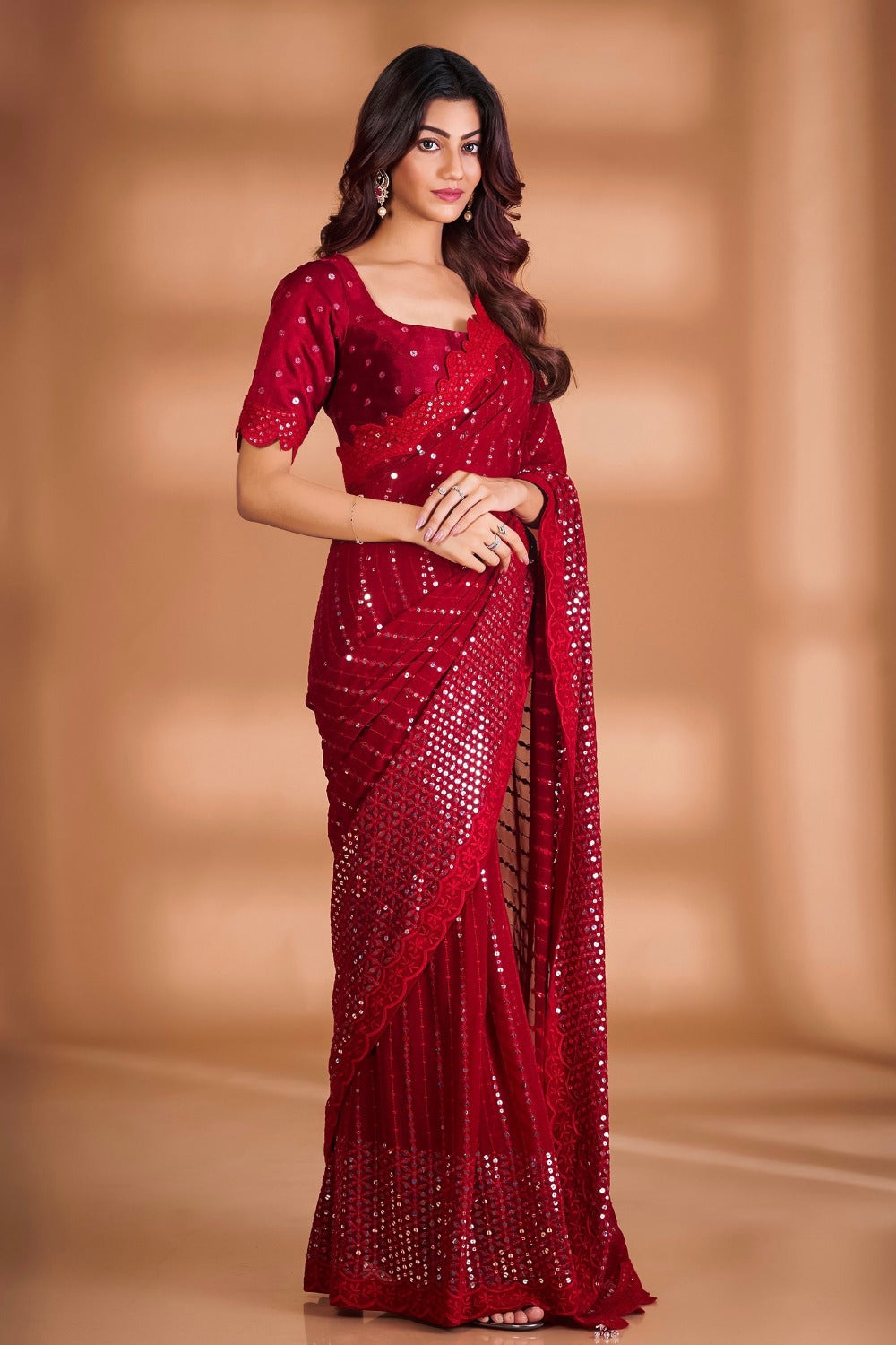 Teeya Creation Red Color Georgette Embroidery Work Saree