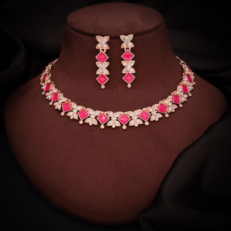 Tehzeeb Creations Rose Gold-Polished Pink Choker Necklace With Dangle Earrings