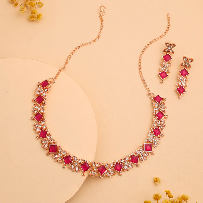 Tehzeeb Creations Rose Gold-Polished Pink Choker Necklace With Dangle Earrings