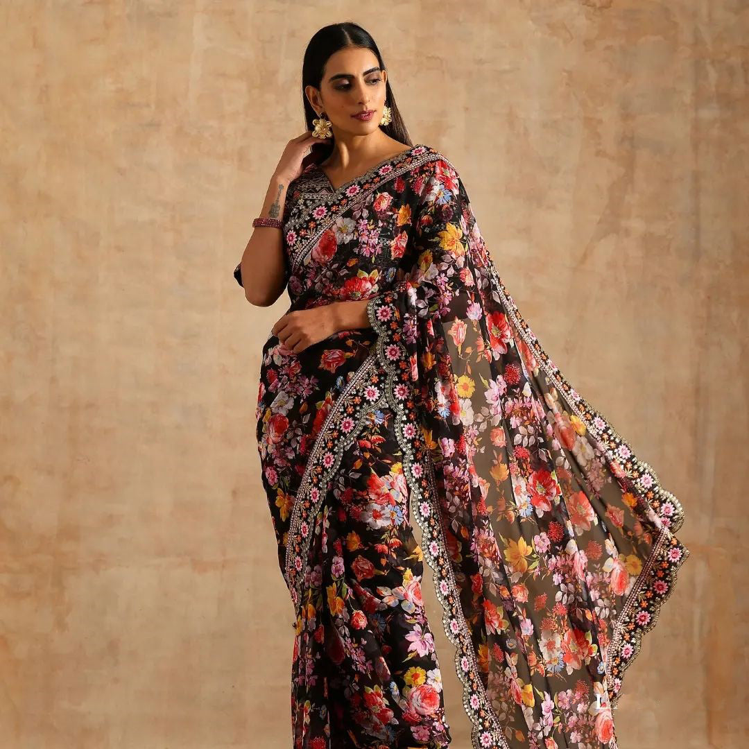 Teeya Creation Black Color Georgette Embroidery Work Saree