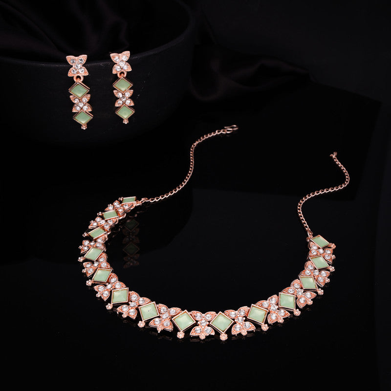 Tehzeeb Creations Rose Gold-Polished Sea Green Choker Necklace With Dangle Earrings