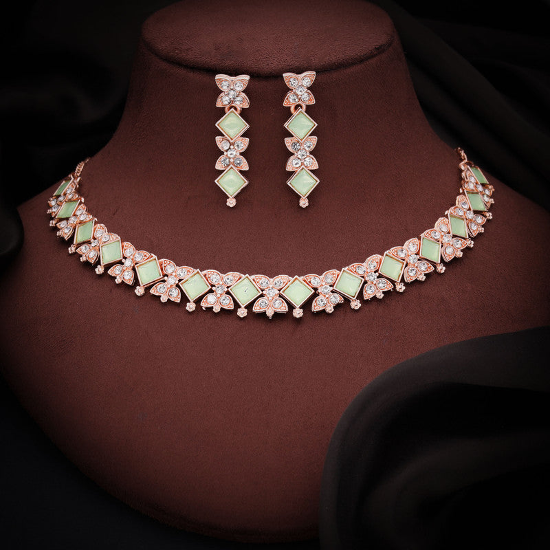 Tehzeeb Creations Rose Gold-Polished Sea Green Choker Necklace With Dangle Earrings