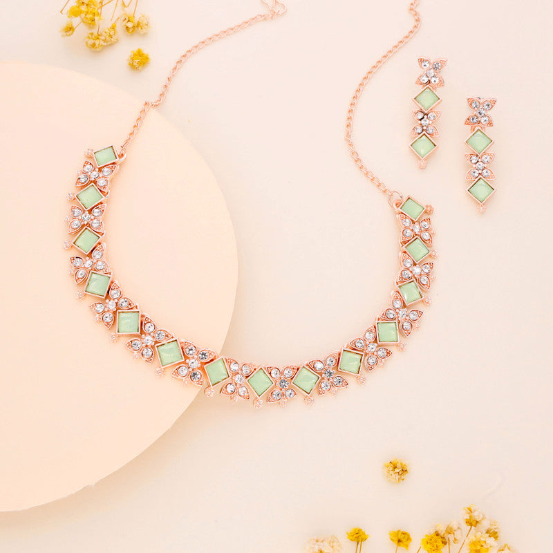 Tehzeeb Creations Rose Gold-Polished Sea Green Choker Necklace With Dangle Earrings