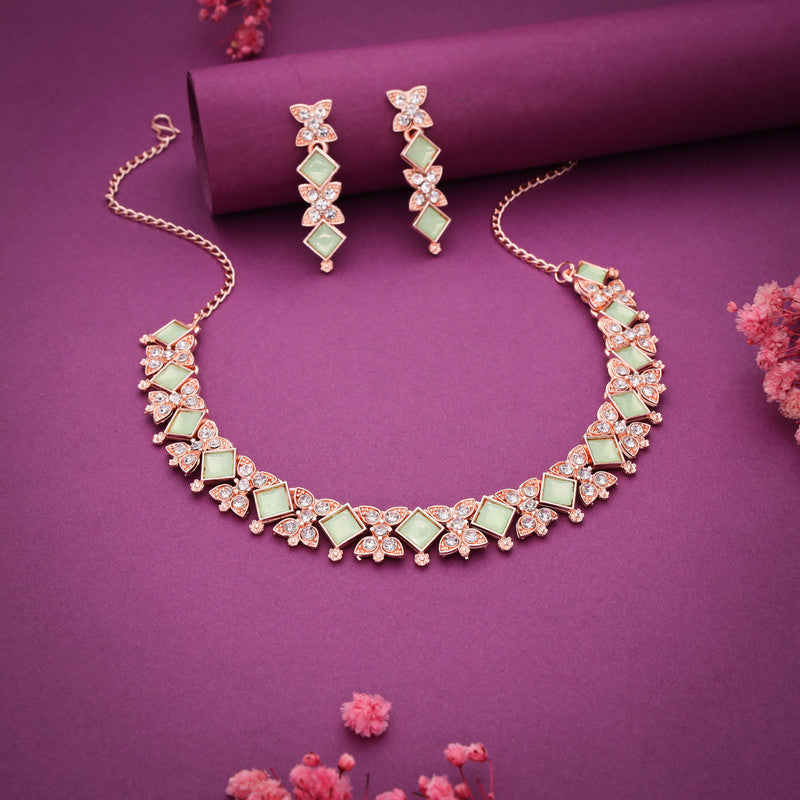 Tehzeeb Creations Rose Gold-Polished Sea Green Choker Necklace With Dangle Earrings