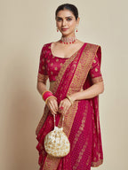 Sangria Pink Woven Design Zari Detail Poly Georgette Bandhani Saree - Distacart