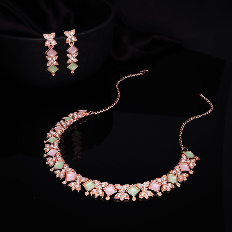 Tehzeeb Creations Rose Gold-Polished Sea Green & Baby Pink Choker Necklace With Dangle Earrings
