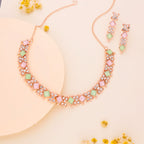 Tehzeeb Creations Rose Gold-Polished Sea Green & Baby Pink Choker Necklace With Dangle Earrings