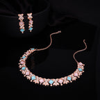 Tehzeeb Creations Rose Gold-Polished Sky & Baby Pink Choker Necklace With Dangle Earrings