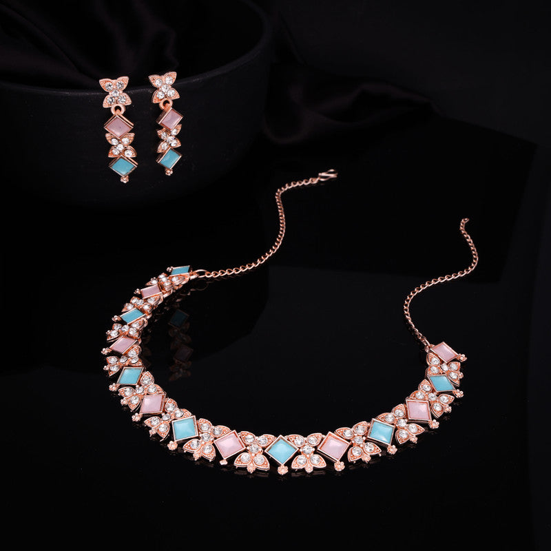 Tehzeeb Creations Rose Gold-Polished Sky & Baby Pink Choker Necklace With Dangle Earrings